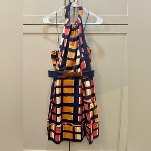 NWT Jessica Simpson Stylish Women’s Halter Dress with Belt - Navy/Orange pattern
